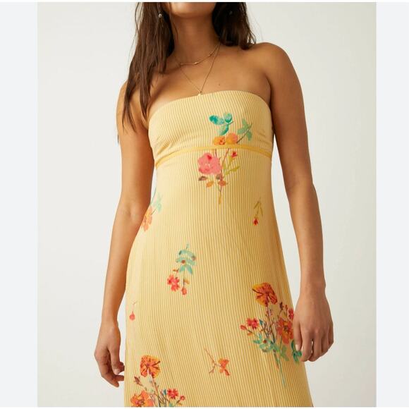 Free People Midi Sundress Strappy Sz XL Yellow Floral Rosie Posie Ruffle Lined - Picture 15 of 16